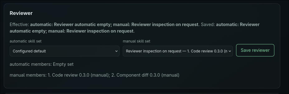 RelayView Settings Skills Reviewer card with the manual set Reviewer inspection on request saved and effective, containing Code review followed by Component diff
